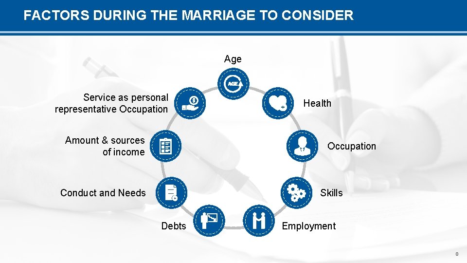FACTORS DURING THE MARRIAGE TO CONSIDER Age Service as personal representative Occupation Amount &