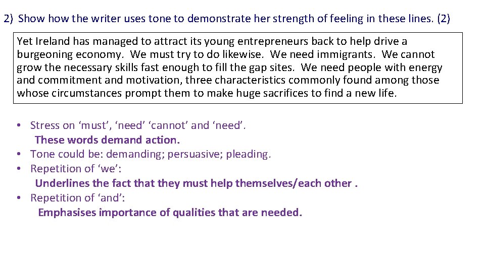 2) Show the writer uses tone to demonstrate her strength of feeling in these