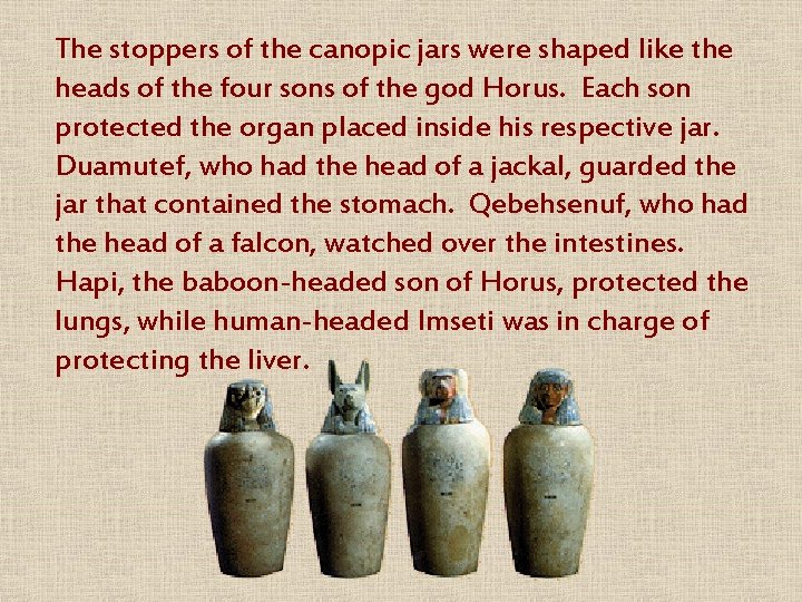 The stoppers of the canopic jars were shaped like the heads of the four