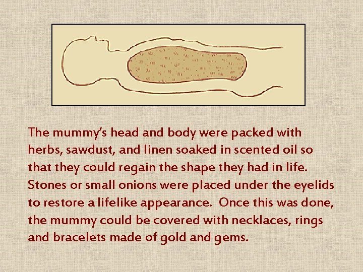 The mummy’s head and body were packed with herbs, sawdust, and linen soaked in