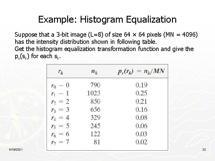 Example: Histogram Equalization Suppose that a 3 -bit image (L=8) of size 64 ×