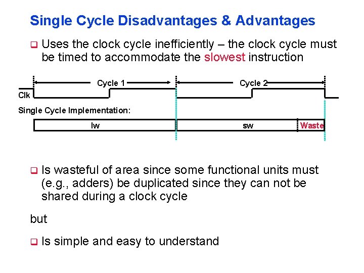 Single Cycle Disadvantages & Advantages q Uses the clock cycle inefficiently – the clock