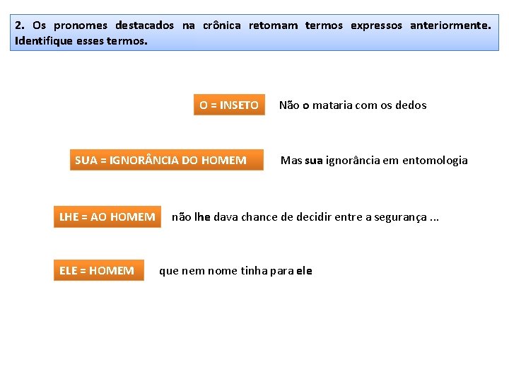 2. Os pronomes destacados na crônica retomam termos expressos anteriormente. Identifique esses termos. O