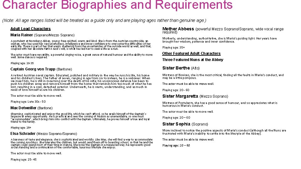 Character Biographies and Requirements (Note: All age ranges listed will be treated as a