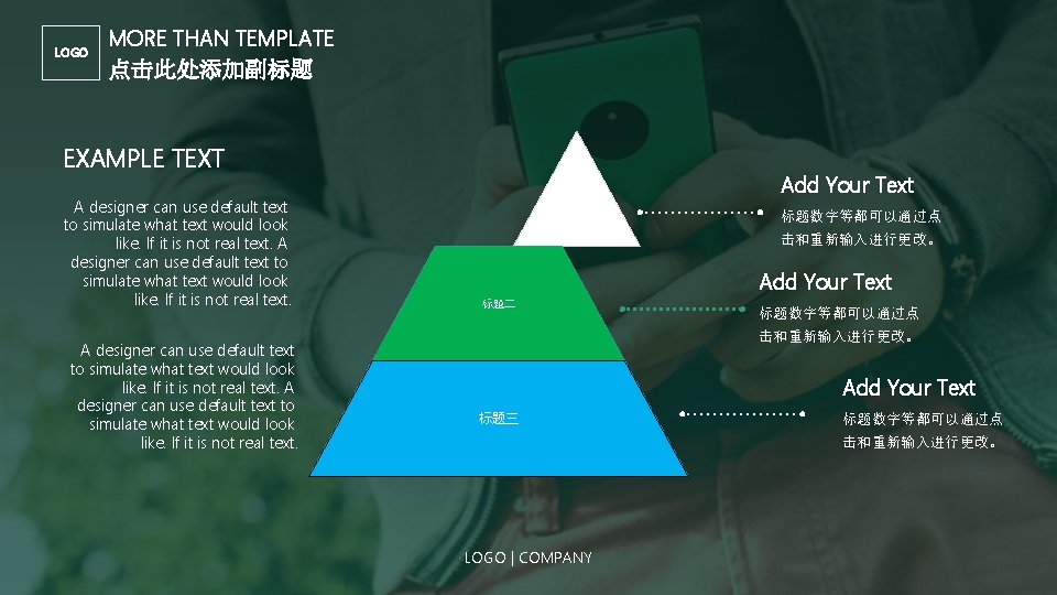 LOGO MORE THAN TEMPLATE 点击此处添加副标题 EXAMPLE TEXT A designer can use default text to