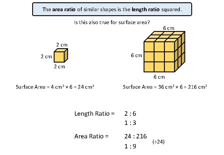 The area ratio of similar shapes is the length ratio squared. Is this also