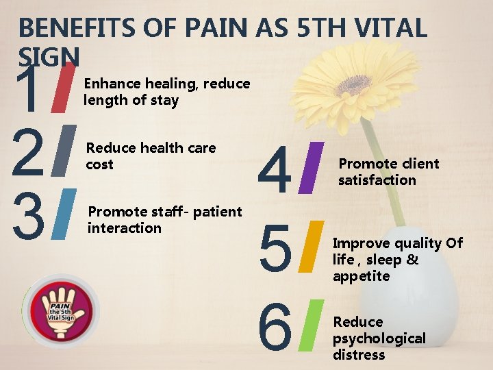 BENEFITS OF PAIN AS 5 TH VITAL SIGN 1 2 3 Enhance healing, reduce