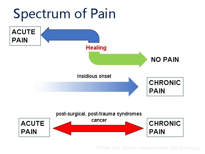 Spectrum of Pain ACUTE PAIN Healing NO PAIN Insidious onset ACUTE PAIN post-surgical, post-trauma