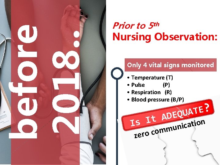 before 2018. . Prior to 5 th Nursing Observation: Only 4 vital signs monitored