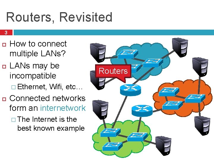 Routers, Revisited 3 How to connect multiple LANs? LANs may be incompatible � Ethernet,