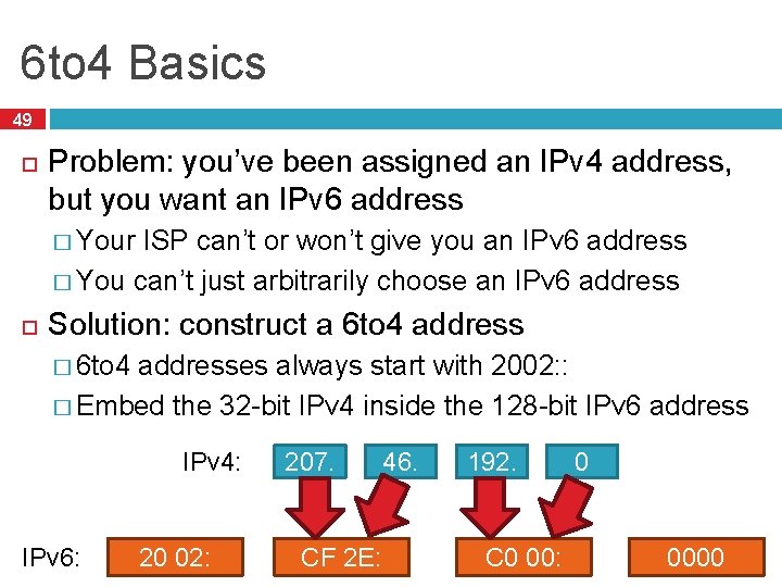 6 to 4 Basics 49 Problem: you’ve been assigned an IPv 4 address, but