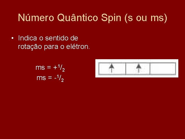 Número Quântico Spin (s ou ms) • Indica o sentido de rotação para o