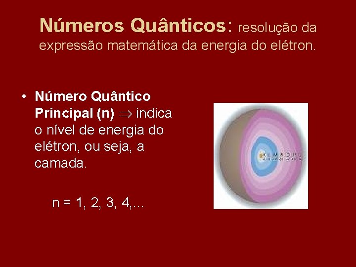 Números Quânticos: resolução da expressão matemática da energia do elétron. • Número Quântico Principal