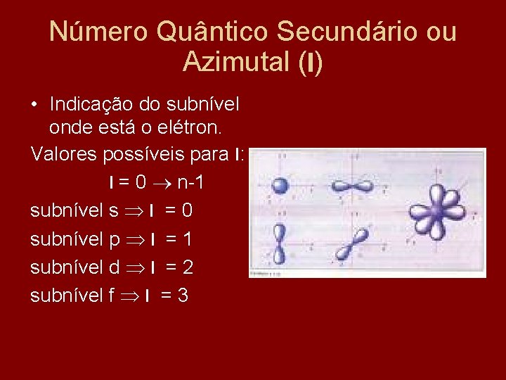 Número Quântico Secundário ou Azimutal (l) • Indicação do subnível onde está o elétron.