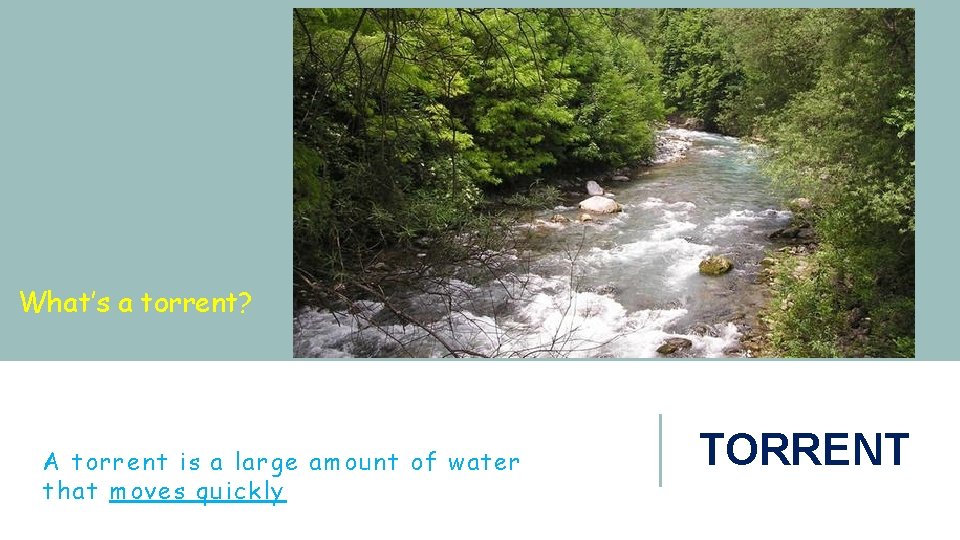 What’s a torrent? A torrent is a large amount of water that moves quickly