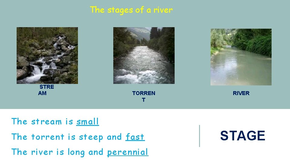 The stages of a river STRE AM TORREN T RIVER The stream is small