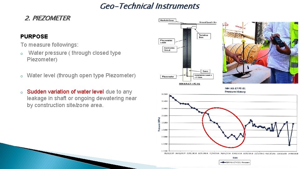 Geo-Technical Instruments 2. PIEZOMETER PURPOSE To measure followings: o Water pressure ( through closed