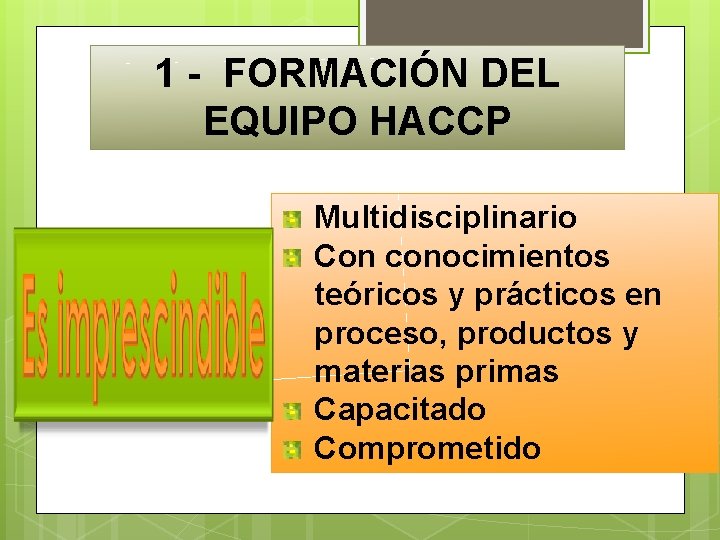 1 - FORMACIÓN DEL EQUIPO HACCP Multidisciplinario Con conocimientos teóricos y prácticos en proceso,