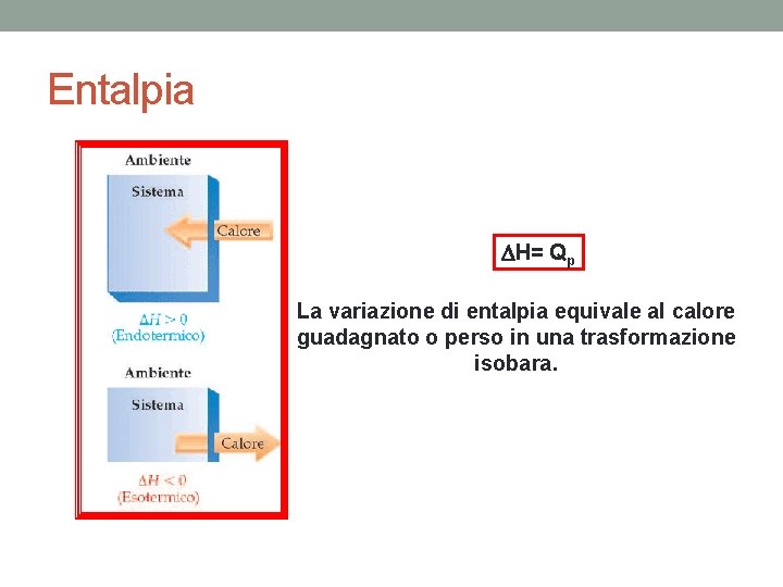 Entalpia H= Qp La variazione di entalpia equivale al calore guadagnato o perso in Entalpia H= Qp La variazione di entalpia equivale al calore guadagnato o perso in