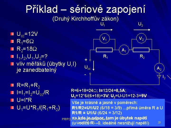 Příklad – sériové zapojení (Druhý Kirchhoffův zákon) U 1 Ucc=12 V R 1=6 W