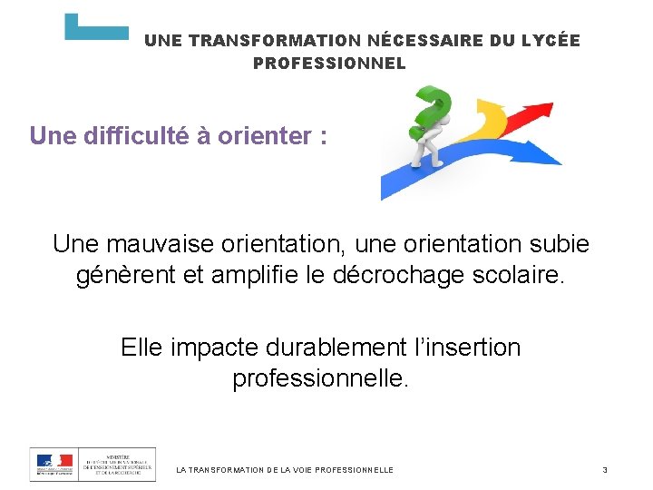 UNE TRANSFORMATION NÉCESSAIRE DU LYCÉE PROFESSIONNEL Une difficulté à orienter : Une mauvaise orientation,