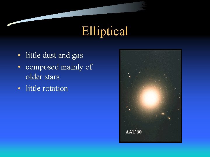 Elliptical • little dust and gas • composed mainly of older stars • little