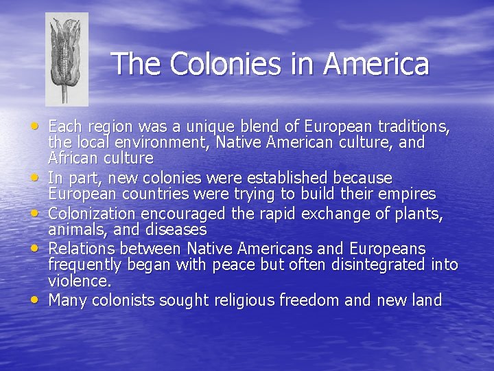 The Colonies in America • Each region was a unique blend of European traditions,