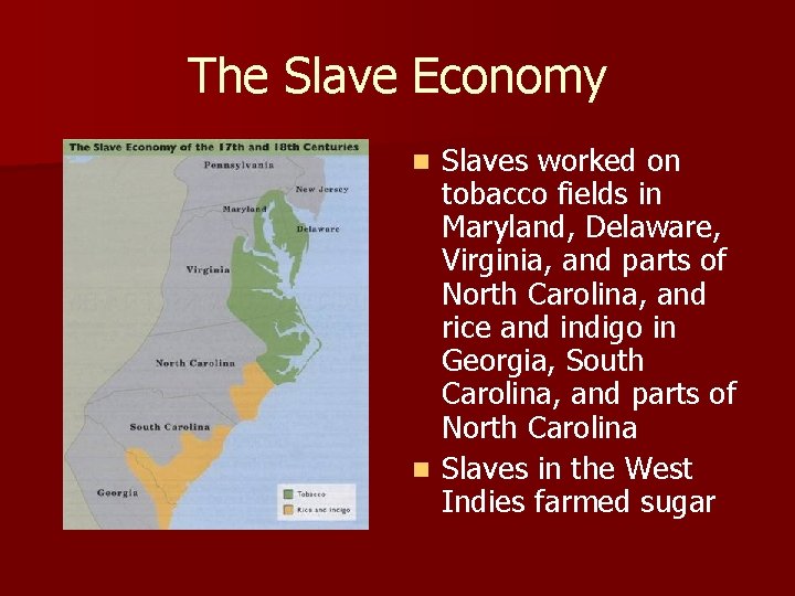 The Slave Economy Slaves worked on tobacco fields in Maryland, Delaware, Virginia, and parts