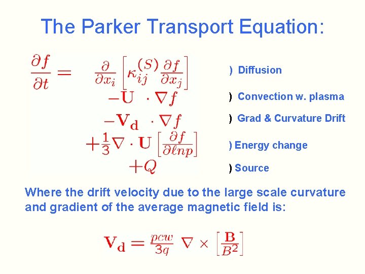 The Parker Transport Equation: ) Diffusion ) Convection w. plasma ) Grad & Curvature