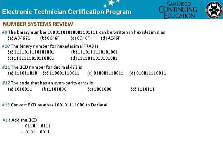 Electronic Technician Certification Program NUMBER SYSTEMS REVIEW September