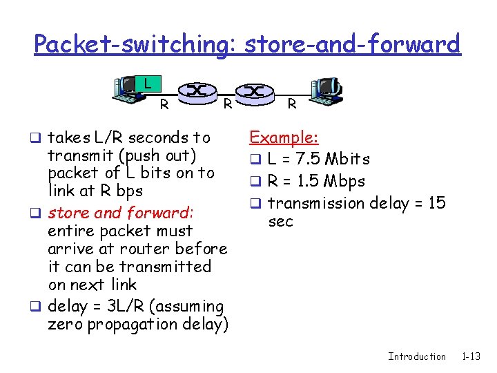 Packet-switching: store-and-forward L R q takes L/R seconds to R transmit (push out) packet