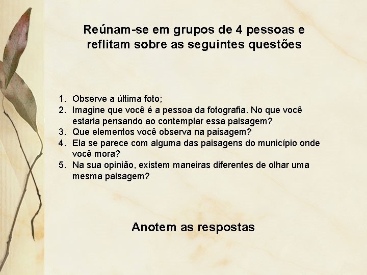 Reúnam-se em grupos de 4 pessoas e reflitam sobre as seguintes questões 1. Observe