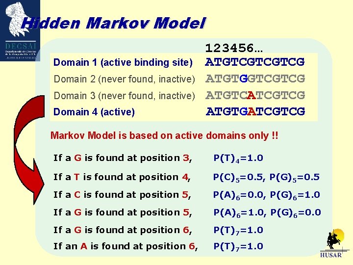Hidden Markov Model Domain 1 (active binding site) Domain 2 (never found, inactive) Domain