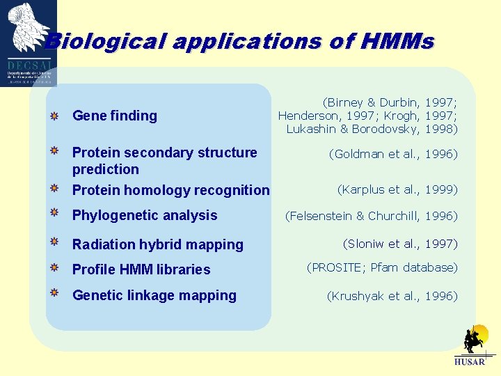 Biological applications of HMMs Gene finding Protein secondary structure prediction Protein homology recognition Phylogenetic
