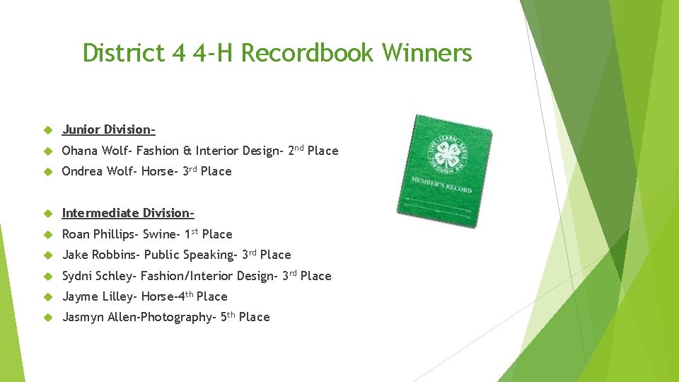 District 4 4 -H Recordbook Winners Junior Division- Ohana Wolf- Fashion & Interior Design-