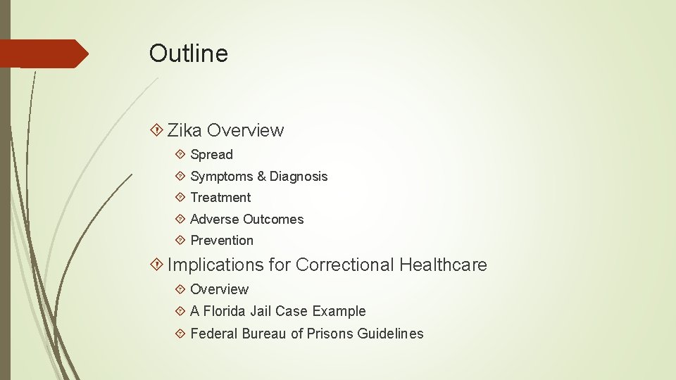 Outline Zika Overview Spread Symptoms & Diagnosis Treatment Adverse Outcomes Prevention Implications for Correctional