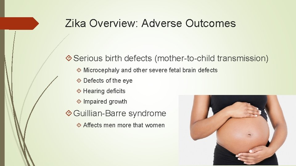 Zika Overview: Adverse Outcomes Serious birth defects (mother-to-child transmission) Microcephaly and other severe fetal