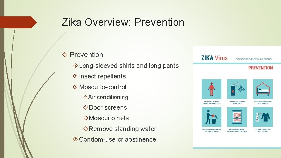 Zika Overview: Prevention Long-sleeved shirts and long pants Insect repellents Mosquito-control Air conditioning Door