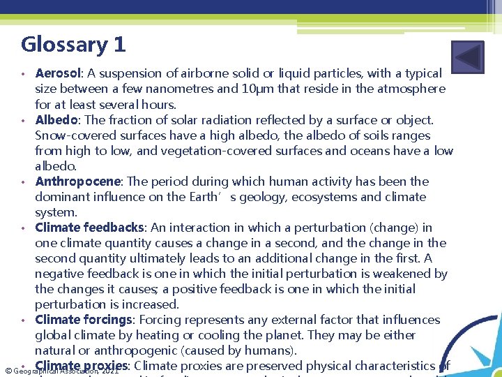 Glossary 1 • Aerosol: A suspension of airborne solid or liquid particles, with a