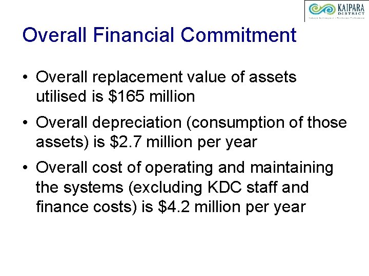 Overall Financial Commitment • Overall replacement value of assets utilised is $165 million •