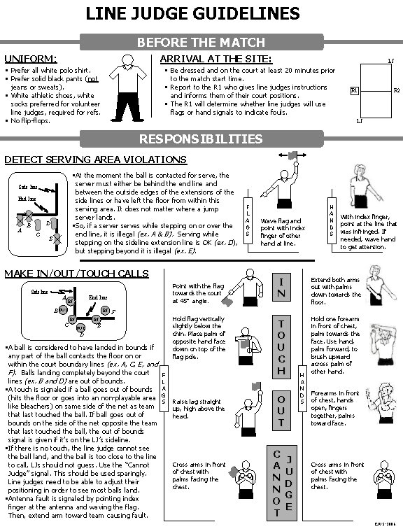 LINE JUDGE GUIDELINES BEFORE THE MATCH UNIFORM: ARRIVAL AT THE SITE: • Prefer all