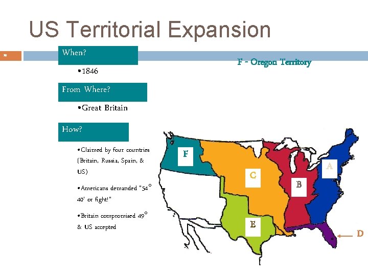 US Territorial Expansion 10 When? F - Oregon Territory • 1846 From Where? • US Territorial Expansion 10 When? F - Oregon Territory • 1846 From Where? •