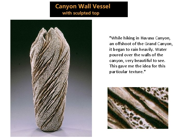 "While hiking in Havasu Canyon, an offshoot of the Grand Canyon, it began to