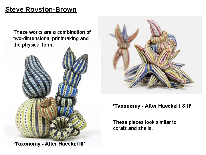 Steve Royston-Brown These works are a combination of two-dimensional printmaking and the physical form.