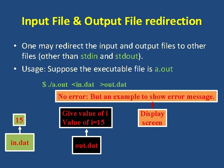 Input File & Output File redirection • One may redirect the input and output