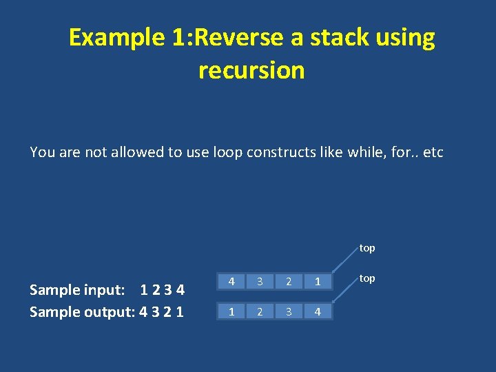 Example 1: Reverse a stack using recursion You are not allowed to use loop