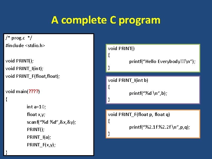 A complete C program /* prog. c */ #include <stdio. h> void PRINT(); void