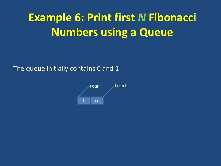 Example 6: Print first N Fibonacci Numbers using a Queue The queue initially contains