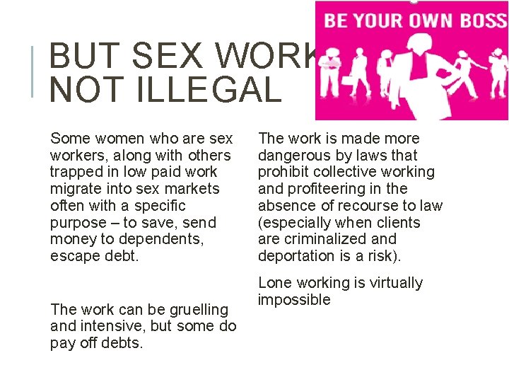 BUT SEX WORK IS NOT ILLEGAL Some women who are sex workers, along with