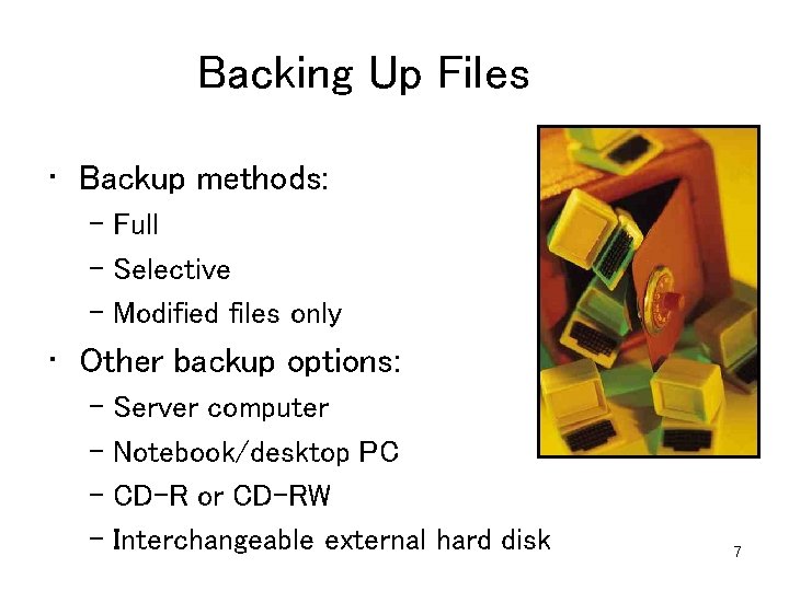 Backing Up Files • Backup methods: – Full – Selective – Modified files only Backing Up Files • Backup methods: – Full – Selective – Modified files only